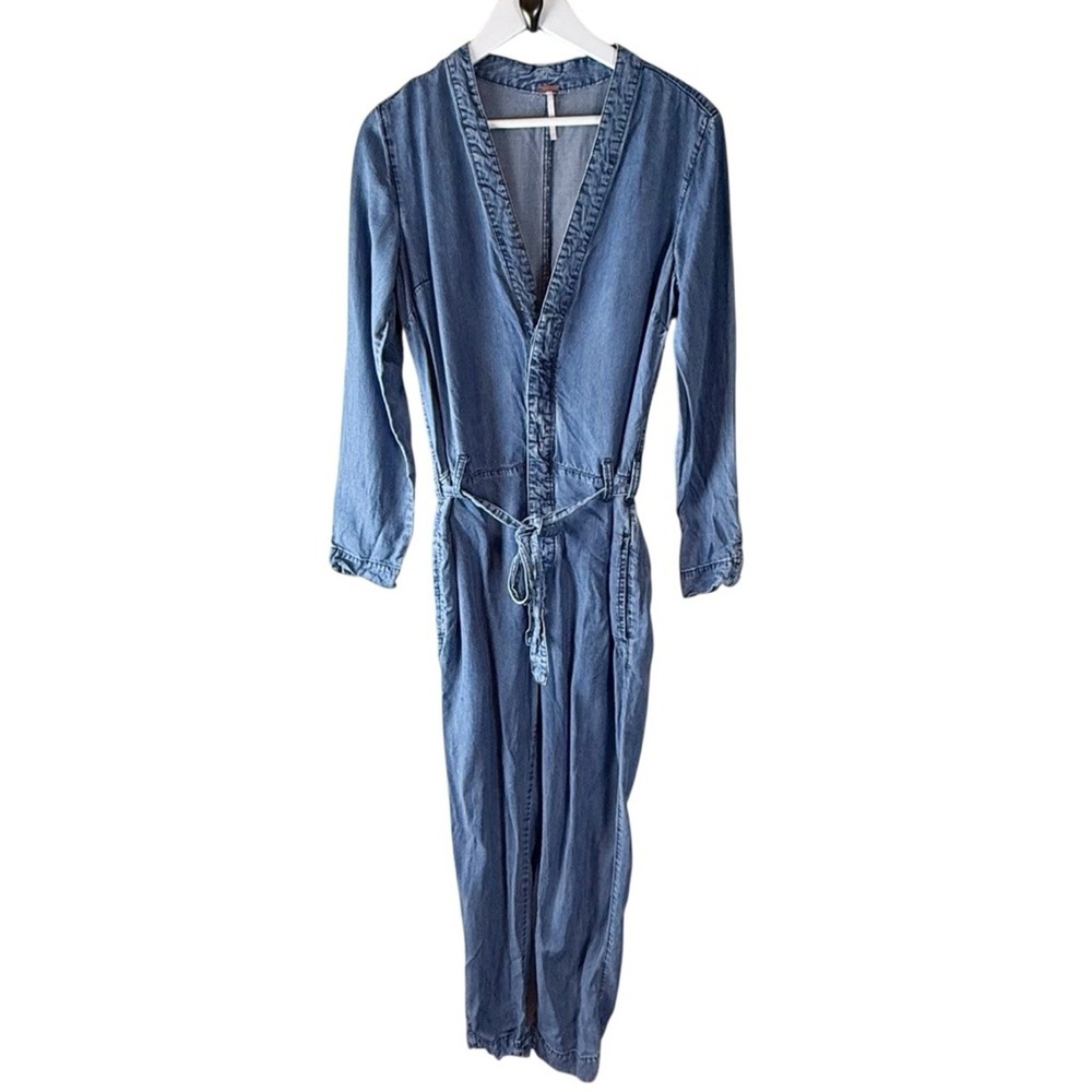 Free People Medium Wash Denim Long Sleeve V-Neck Tie Waist Jumpsuit Size 2